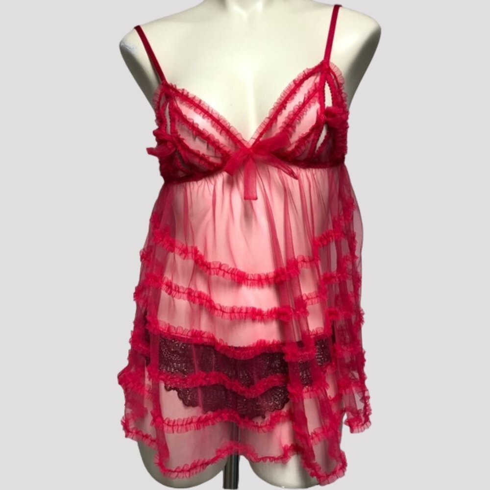 Pinkish Red Sheer Tulle Babydoll